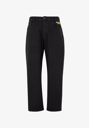 Černé džíny z denimu s rovného střihu, s knoflíkovým zavíráním a kapsou na přední straně zdobenou barevným logem.