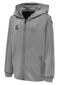 Graue Reißverschlusskapuzenjacke aus weichem Stoff mit großer Kapuze, vorderen Taschen und schwarzen Akzenten an den Schultern. Das Logo auf der Brust ist sichtbar.