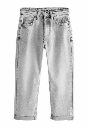 Jean gris clair coupe ample avec revers roulés, bouton et fermeture éclair à l'avant, et design classique cinq poches.