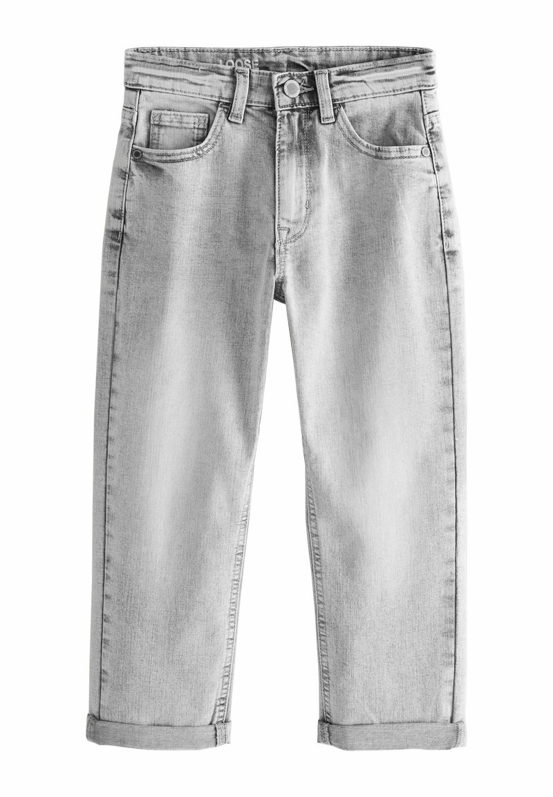 Jean gris clair coupe ample avec revers roulés, bouton et fermeture éclair à l'avant, et design classique cinq poches.