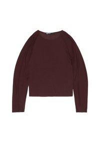 Bordeaux lange mouwen top, gemaakt van zacht materiaal. Beschikt over een ronde halslijn en een cropped ontwerp met geribbelde details bij de mouwen.