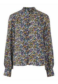 Langärmlige Bluse mit hohem Kragen und mehrfarbigem Blumenmuster auf schwarzem Hintergrund; weicher, leichter Stoff mit gerafften Ärmeln.