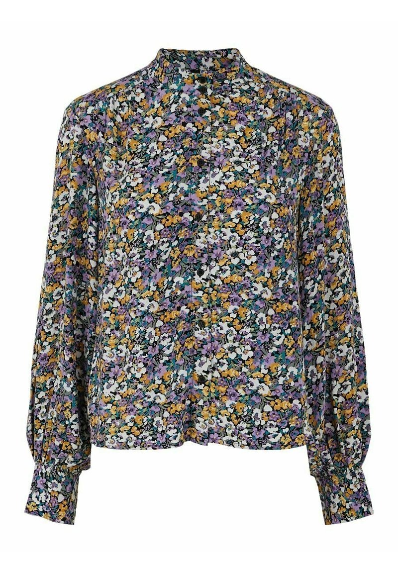 Langärmlige Bluse mit hohem Kragen und mehrfarbigem Blumenmuster auf schwarzem Hintergrund; weicher, leichter Stoff mit gerafften Ärmeln.
