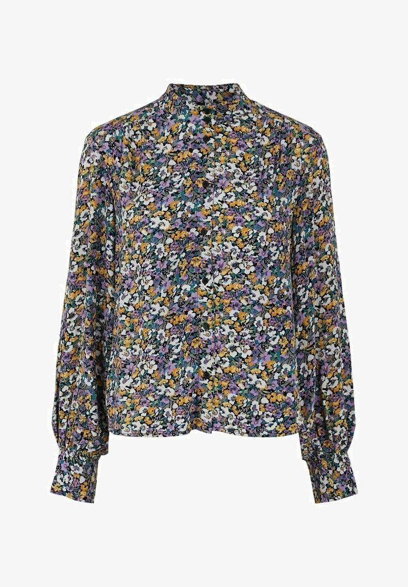Langärmlige Bluse mit hohem Kragen und mehrfarbigem Blumenmuster auf schwarzem Hintergrund; weicher, leichter Stoff mit gerafften Ärmeln.