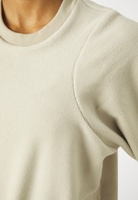 Lys beige fleece genser med rund hals, teksturert stoff og raglanermer. Subtil sømdetaljering langs skuldrene.