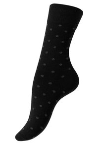 Schwarze Socke mit geripptem oberen Bund, versehen mit kleinen grauen Punkten. Aus einer Baumwollmischung gefertigt, mit glatter Textur und passgenauer Form.