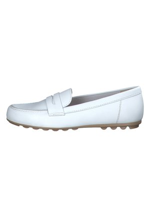 White leather loafers with a front strap detail, smooth texture, rounded toe, and a flexible gum sole featuring rounded dots.