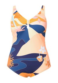Maillot de bain une pièce avec un décolleté en V, présentant un détail central en forme de trou de serrure, dans des teintes de pêche, bleu et jaune avec des motifs floraux et solaires.