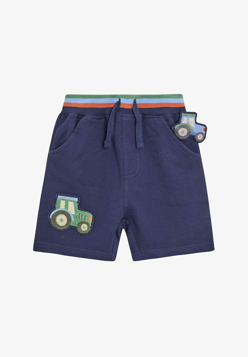Navy shorts made of cotton, featuring a green tractor appliqué and contrasting striped waistband in green, blue, and orange. Elastic drawstring.
