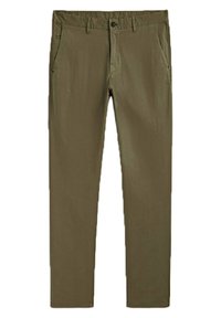 Olijfgroene chino's van katoenmix stof, met een ritssluiting, knoopsluiting en twee zijzakken met een gladde textuur.