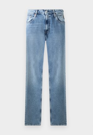 Light blue denim straight-leg jeans with pockets, copper rivets, and a button closure. Features a faded design and a clean hem.