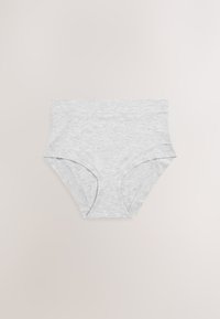Culottes en coton gris clair taille haute avec ceinture élastique et ouvertures aux jambes, posées à plat sur un fond neutre.