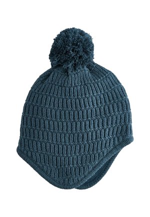 Berretto blu lavorato a maglia con un motivo testurizzato, dotato di una cima arrotondata e un pom-pom. Materiale morbido. Progettato per coprire le orecchie.