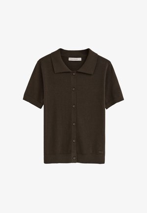 Dunkelbraunes Kurzarm-Poloshirt mit Knopfleiste, Kragen sowie gerippten Bündchen an Ärmel und Saum, im Kragen mit der Aufschrift "Polo Club".