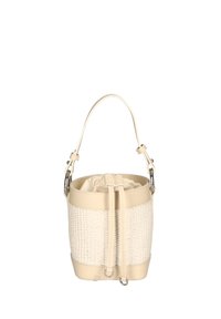 Borsa a secchiello crema realizzata in materiale intrecciato e pelle liscia. Presenta una chiusura superiore con coulisse e un'unica maniglia regolabile.