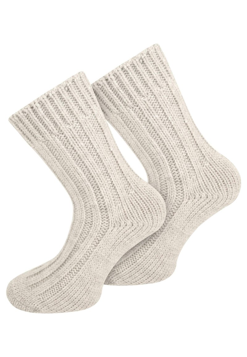 Graue gestrickte Socken verfügen über ein geripptes Design, eine weiche Textur und eine Crew-Länge. Sie haben eine verstärkte Ferse und Spitze für zusätzliche Haltbarkeit.