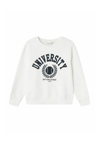 Balta džemperis ar apaļu kaklu, garām piedurknēm un tumši zilā krāsā uzdrukātu "UNIVERSITY". Iespējotas lauru grafikas un "ESTABLISHED 1986" detaļa.