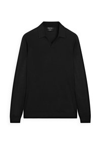 Sort langærmet polo skjorte med klippet krave, lavet af et blødt stof med en glat tekstur og med et enkelt, minimalistisk design.