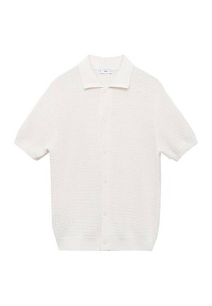 Witte gebreide shirt met korte mouwen en een polo kraag, met een textuurpatroon en een sluiting met vijf knopen aan de voorkant.