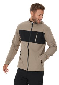 Tansfarbene und schwarze Zip-Jacke mit Kapuze, ausgestattet mit einem horizontalen schwarzen Panel über der Brust, zwei seitlichen Taschen und einer Brusttasche.