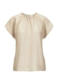 Beige Bluse mit kurzen Ärmeln, runder Ausschnitt, geraffter Textur im Oberteil und glattem, satinähnlichem Stoff.