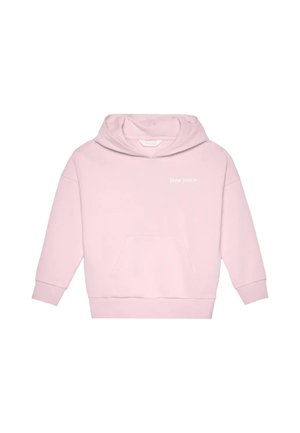Sweat à capuche rose clair avec poche kangourou à l'avant et petit logo texte blanc "Palm Angels" sur la partie supérieure gauche de la poitrine.