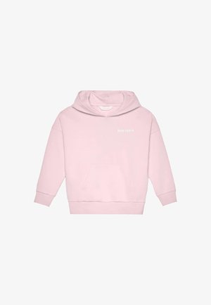 Sudadera con capucha de color rosa claro con bolsillo canguro frontal y pequeño logo de texto blanco "Palm Angels" en la parte superior izquierda del pecho.