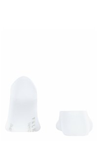 Weiße Sneaker-Socken aus Baumwoll-Mischung mit verstärkten Zehen, glatter Textur und einem brandlabel in hellgrau auf einer Seite bedruckt.