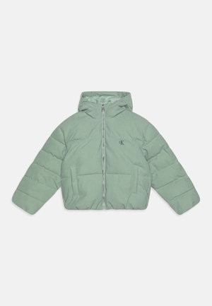 Veste matelassée vert clair avec capuche, manches longues, fermeture éclair à l'avant, poches latérales et petit logo sombre sur la poitrine gauche.