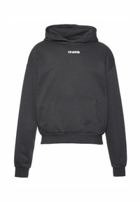 Black hooded sweatshirt made of ribbed fabric, featuring a front pocket and a cropped hem. The brand logo is printed in white on the chest.