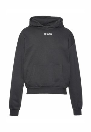 Black hooded sweatshirt made of ribbed fabric, featuring a front pocket and a cropped hem. The brand logo is printed in white on the chest.