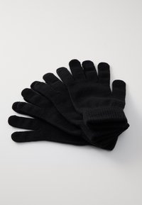 Black knitted gloves with ribbed cuffs, five-finger design, and a smooth texture, arranged flat with palms facing up.