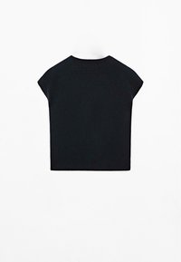 Haut en maille noir sans manches avec un col rond, à plat sur fond blanc, vue de face.