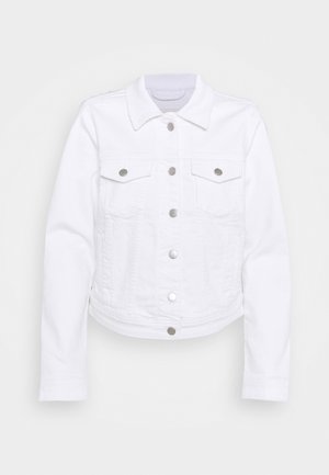 White denim jacket with a collared neckline, button front, two chest pockets, and long sleeves. Finished with silver-tone hardware.