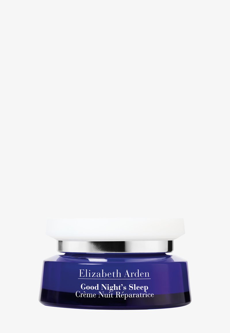 Lila Glasbehälter mit einem weißen Deckel. Das Etikett zeigt "Elizabeth Arden Good Night's Sleep Crème Nuit Réparatrice" in weißem Text.