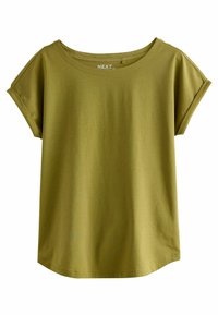 Olivgrön kortärmad t-shirt med vid halsringning, tillverkad av mjuk bomull, med avslappnad passform och rundad nederkant. Logotyp på nacken.