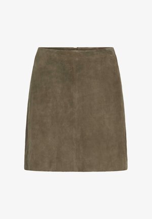 Gonna mini A-line in suede marrone con cucitura frontale sottile e chiusura con zip nascosta sul retro.