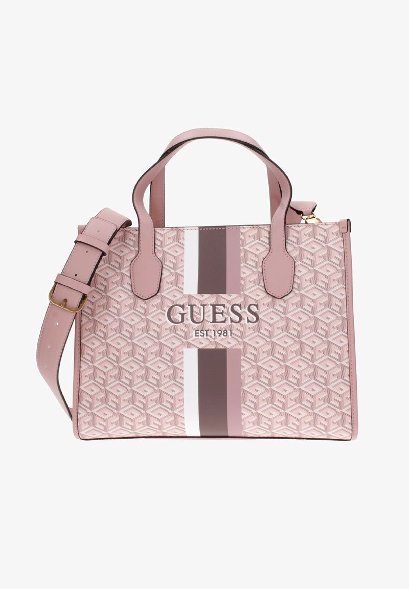 Sac à main rose Guess avec motif géométrique, double poignée, bandoulière réglable et rayures verticales blanches et mauves à l'avant.
