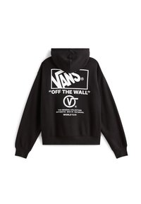 Sudadera negra con una gran logo blanco de Vans y texto en la parte de atrás. Está hecha de un tejido de textura suave e incluye una capucha con cordón.