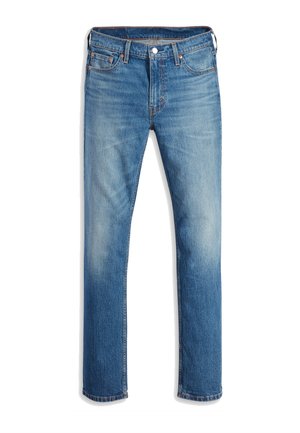 Hellblaue Jeans aus Denim mit geradem Bein, fünf Taschen, Knopfverschluss, dezentem Verblassen und orangefarbenen Nähten.