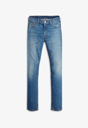 Lys blå denim jeans med lige ben-design, fem lommer, knaplukning, subtil falming og orange syninger.