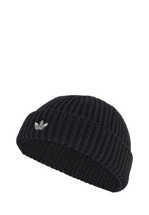 Zwarte geribbelde gebreide beanie met een omgeslagen boord en een klein geborduurd logo in zilver. Gemaakt van een gestructureerde draad voor warmte.
