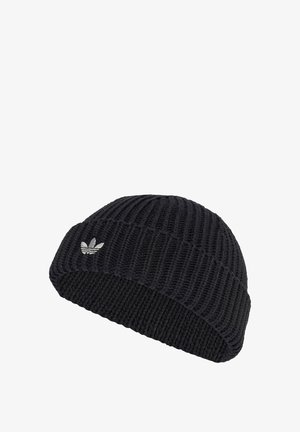 Beanie a coste nera con risvolto e un piccolo logo ricamato argento. Realizzato in un filato testurizzato per il calore.