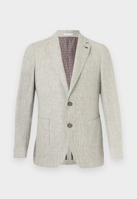 Svetlosivé pánske sako s jemným károvaným vzorom, dvoma hnedými prednými gombíkmi, vrúbkovanými klopami a fialovou vzorovanou vnútornou podšívkou.