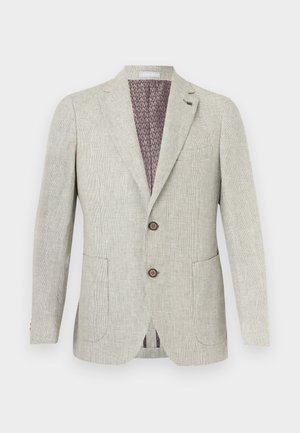 Vaaleanharmaa miesten bleiseri, jossa hienovarainen ruutukuosi, kaksi ruskeaa etunappia, lovikaulus ja violetti kuvioitu vuori.