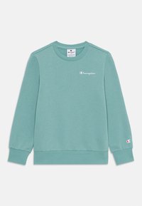Sweatshirt vert menthe en tissu doux. Présente des poignets et un ourlet à côtes, avec un petit logo "Champion" blanc sur la poitrine.