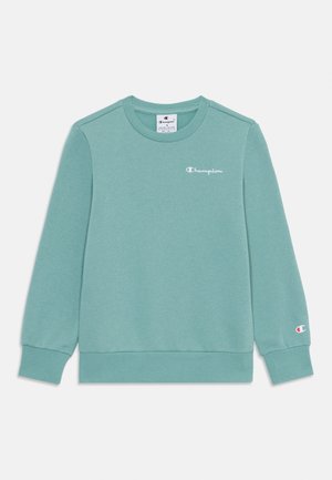 Piparmētru zaļš džemperis, kas izgatavots no mīksta auduma. Tam ir ribota aproce un apakšmala, kā arī neliels balts "Champion" logotips uz krūšu.