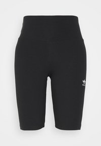 Černé bicyklové šortky s vroubkovaným vzorem, vysokým pasem a bílým logem Adidas na levé noze. Hladký povrch a přiléhavý střih.
