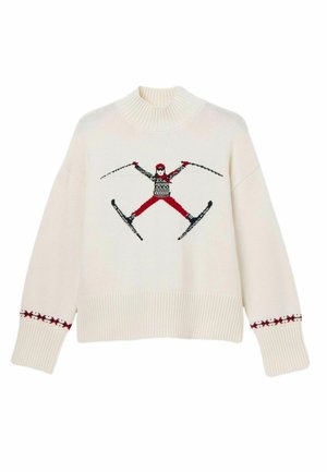 Cremfarbener Strickpullover mit Ski-Motiv, gerippter Kragen; beige Jogginghosen mit seitlichen Taschen; braune Sandalen mit weißen Socken.