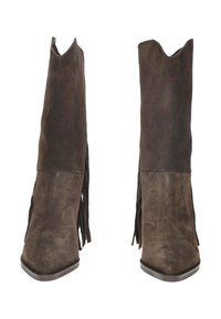 Stivaletti alla caviglia in suede marrone con punta appuntita, dettagli in frange sui lati e design del colletto a forma di V. Texture liscia e suola robusta.